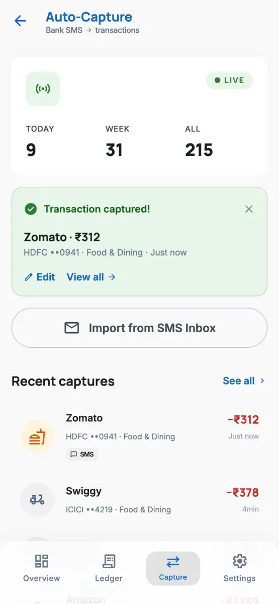 SMS capture: transactions read automatically from bank messages