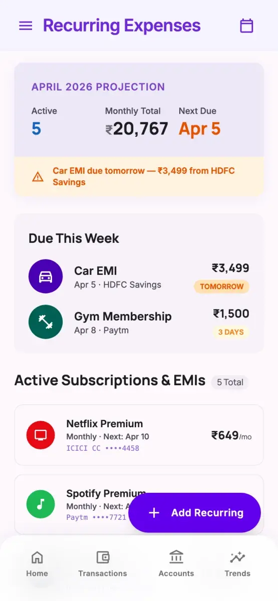 Recurring expenses with a monthly projection, bills due this week and active subscriptions