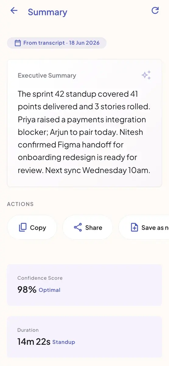 On-device AI summary of a meeting transcript, with copy, share and save actions