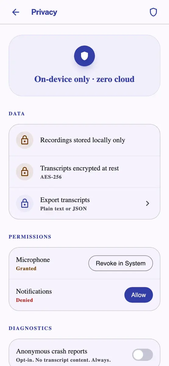 Privacy settings: on-device processing, local recordings, encrypted transcripts and opt-in crash reports
