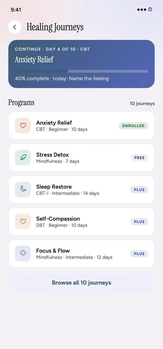 Healld screen: Healing Journeys: guided programmes such as Anxiety Relief, Stress Detox and Sleep Restore.