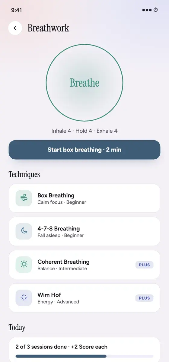 Healld screen: Breathwork: a guided box-breathing session and a list of techniques.