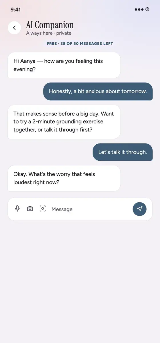 Healld screen: the AI companion chat, with a conversation about feeling anxious before a big day.