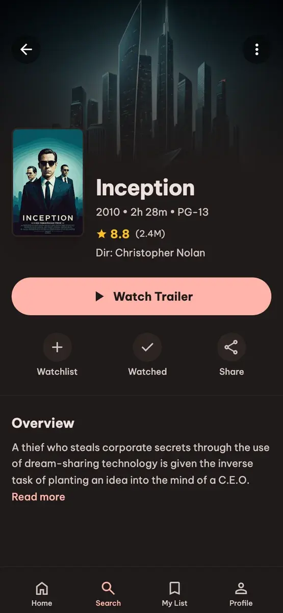 Movie detail for Inception with its rating, a trailer button, watchlist actions and an overview