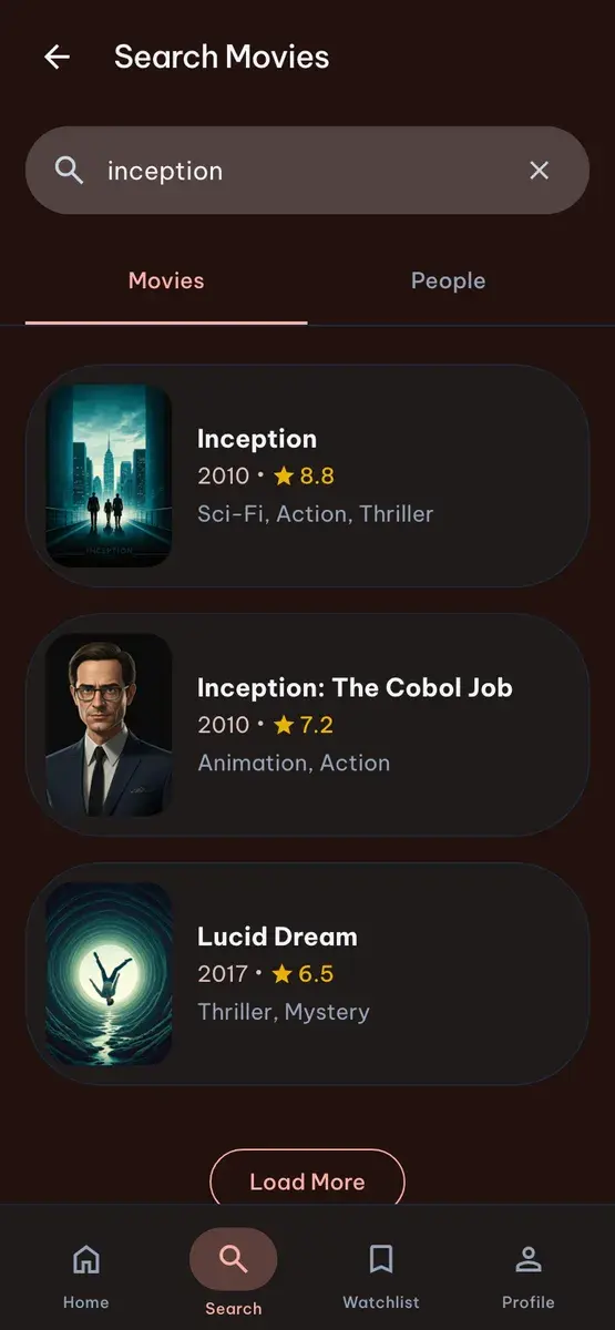 Search results for “inception”, with Movies and People tabs and rated film cards
