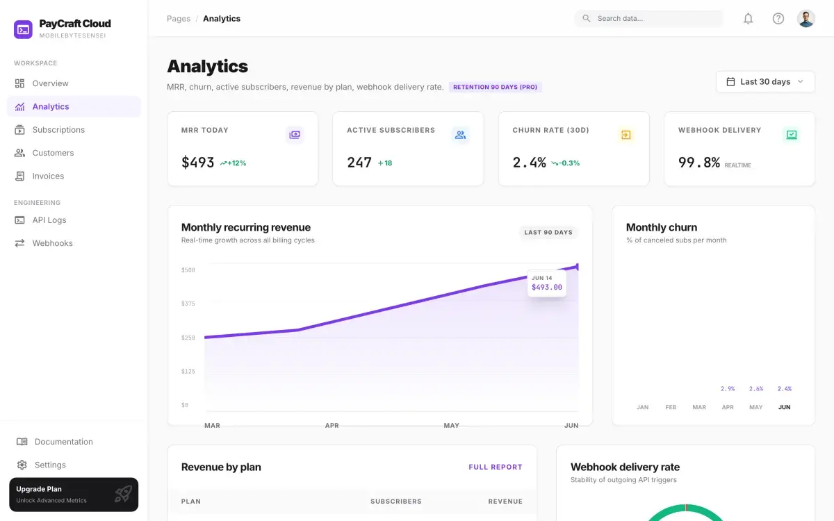 Analytics with a monthly recurring revenue chart and churn