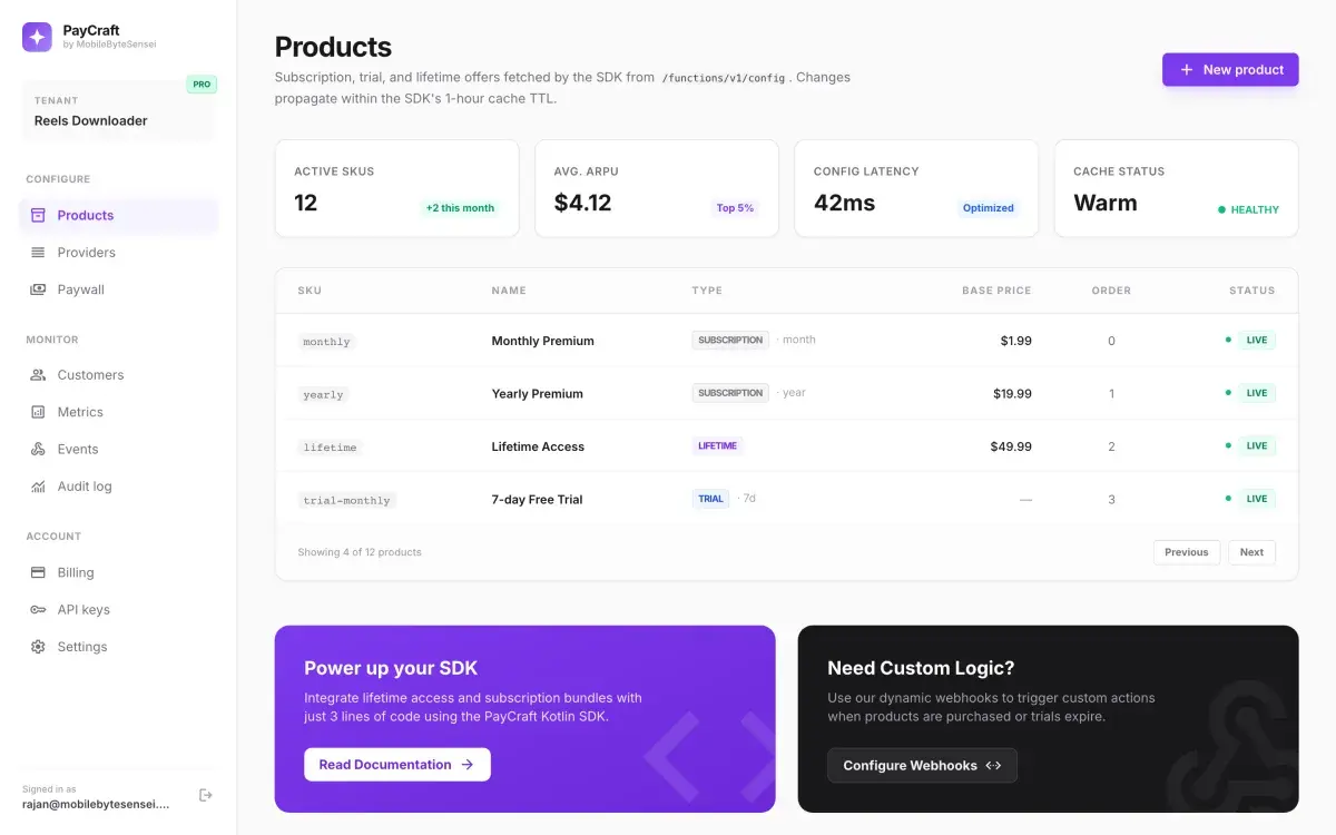 Products page listing subscription plans with their prices and status