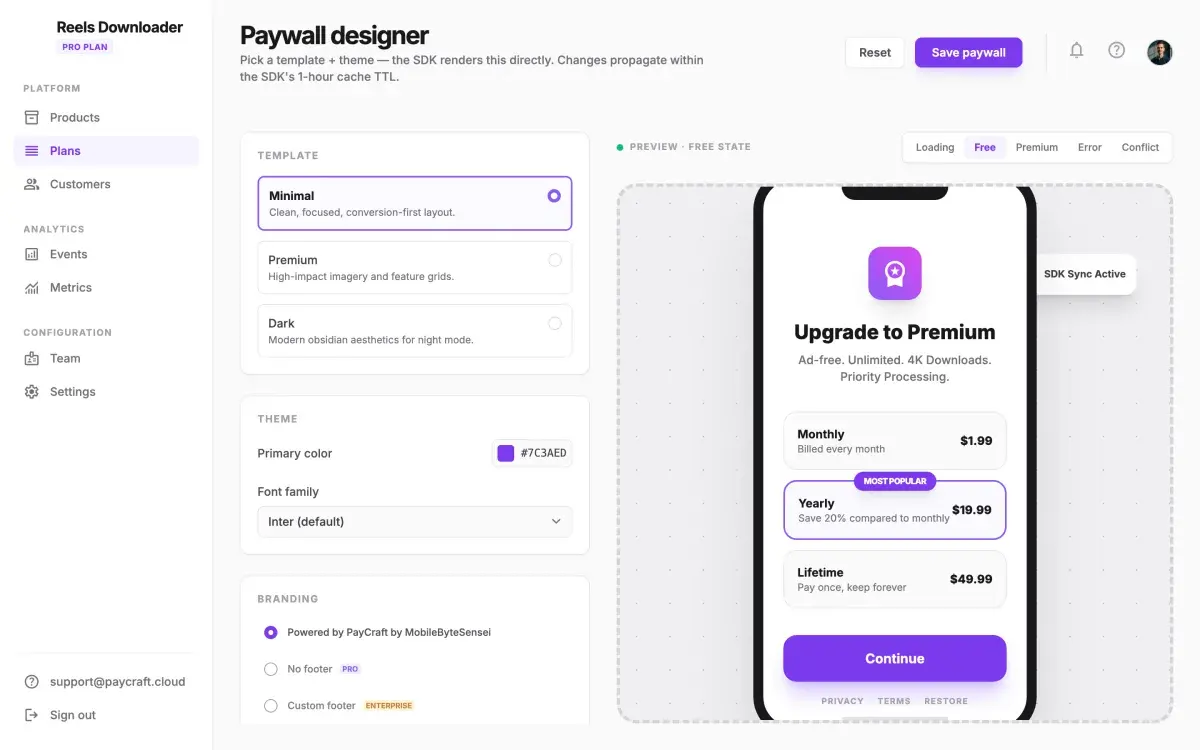 Paywall designer for choosing and previewing the SDK’s paywall templates