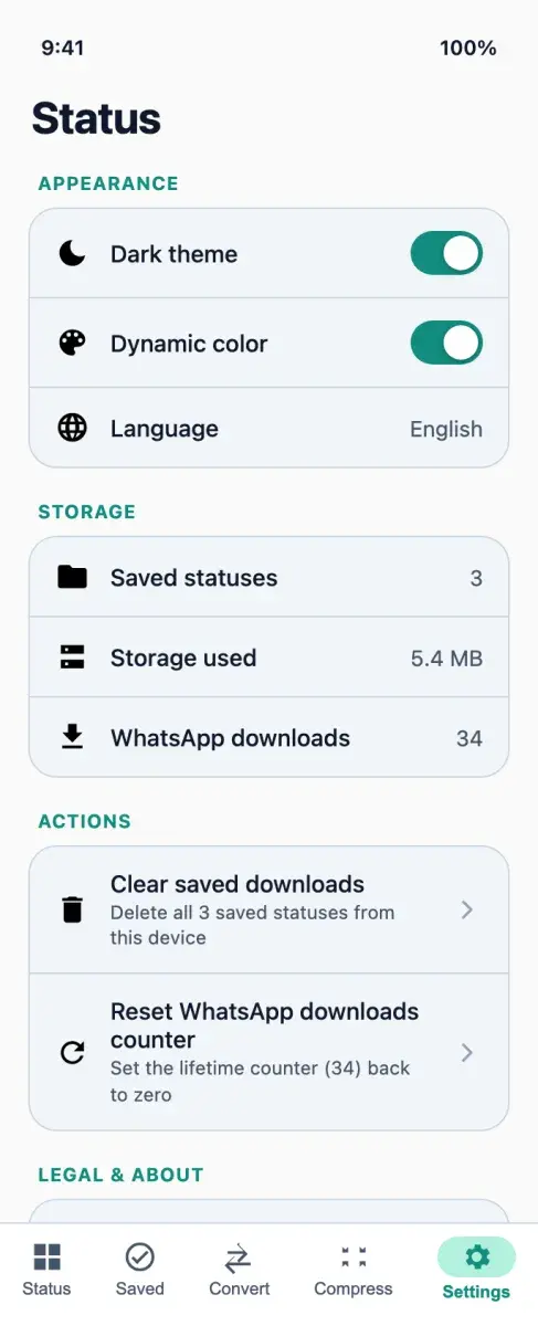Settings for dark theme, dynamic colour, language and storage usage