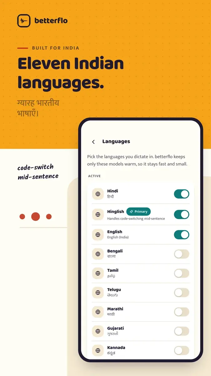 Play Store image: Language settings: Hindi, Hinglish and English active among eleven Indian languages.