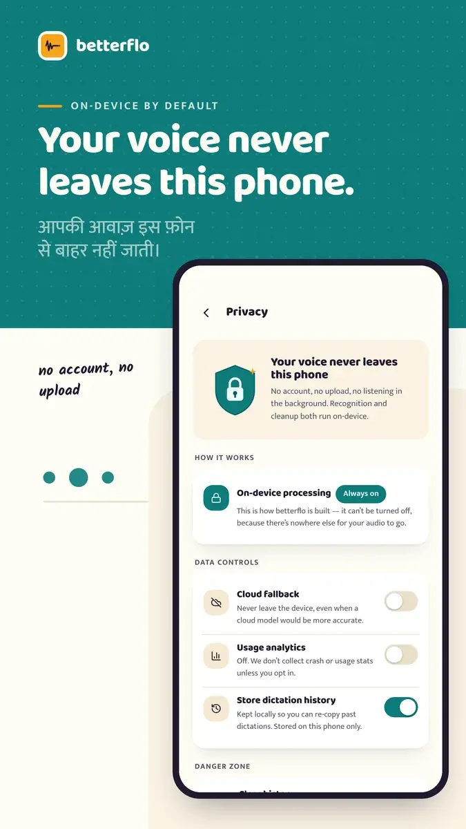 Play Store image: Privacy settings: on-device processing, with cloud fallback and usage analytics as toggles.