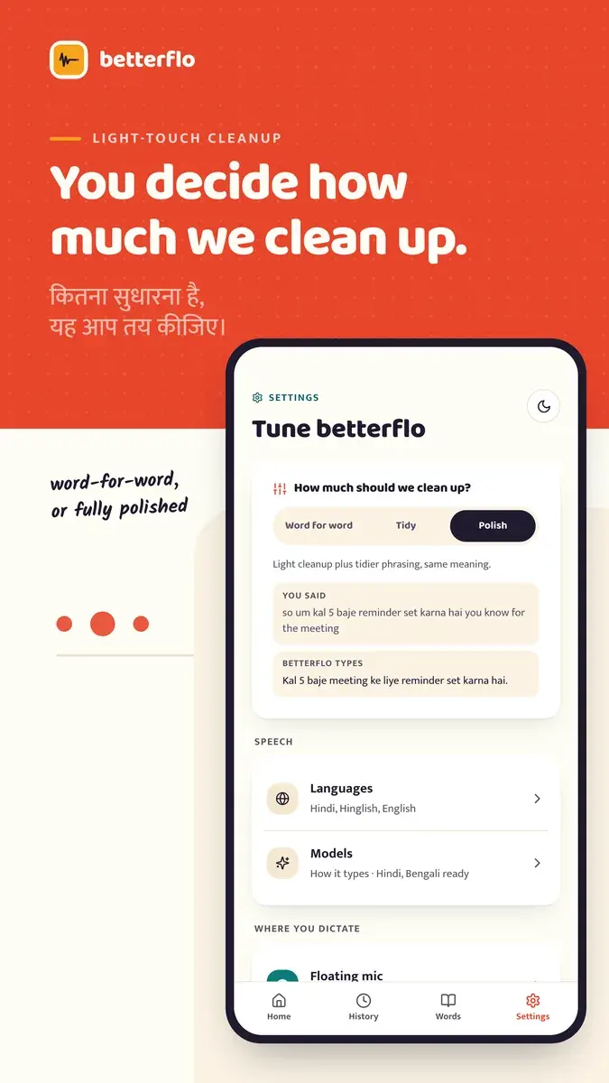 Play Store image: Cleanup settings: choose word-for-word, tidy or polished output.