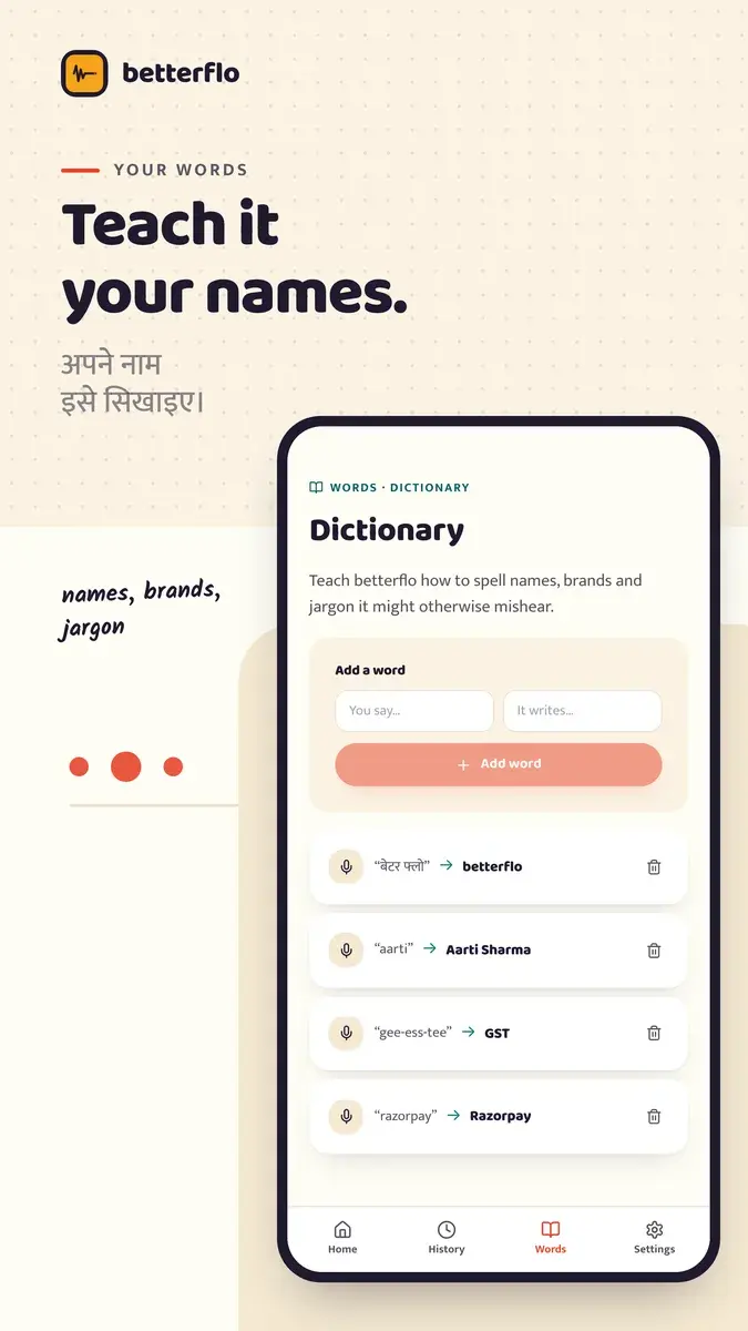 Play Store image: The personal dictionary, teaching betterflo names, brands and jargon.