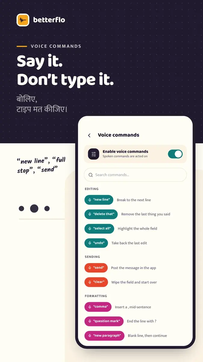 Play Store image: Voice commands such as “new line”, “full stop” and “send”.