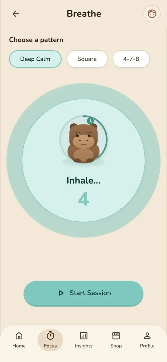 Guided breathing on an Inhale count, with patterns such as Deep Calm and 4-7-8