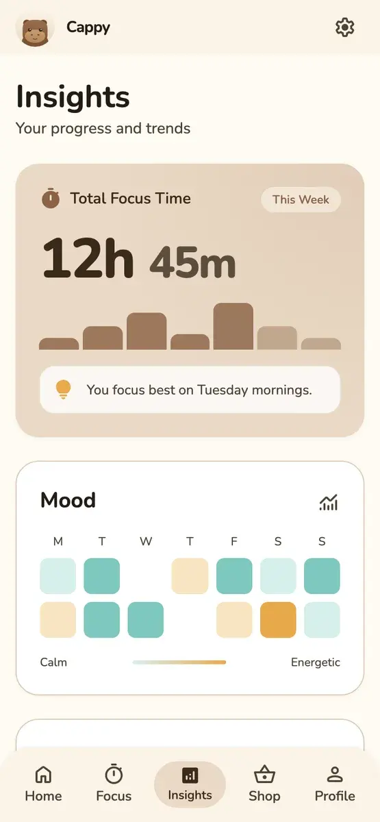 Insights with a weekly chart of focus time and a mood calendar from calm to energetic