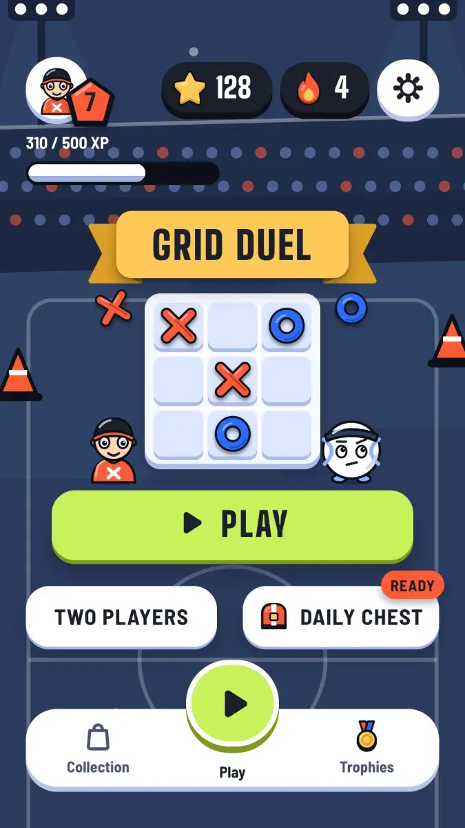 Home with the level and stars, a live board, a large Play button, Two players and a ready daily chest