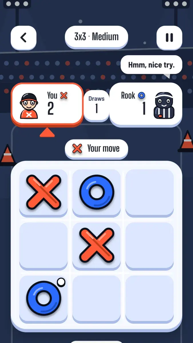 A 3x3 match against Rook showing the session score, the rival’s speech bubble and Your move