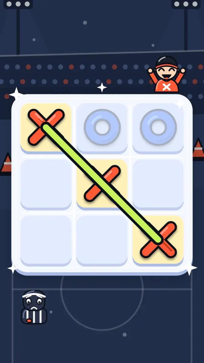 The win moment: a diagonal line of three X marks drawn across the board