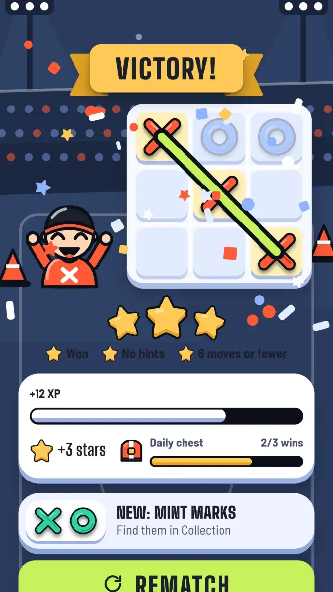 Victory result with three stars, XP, daily chest progress and a newly unlocked mark set