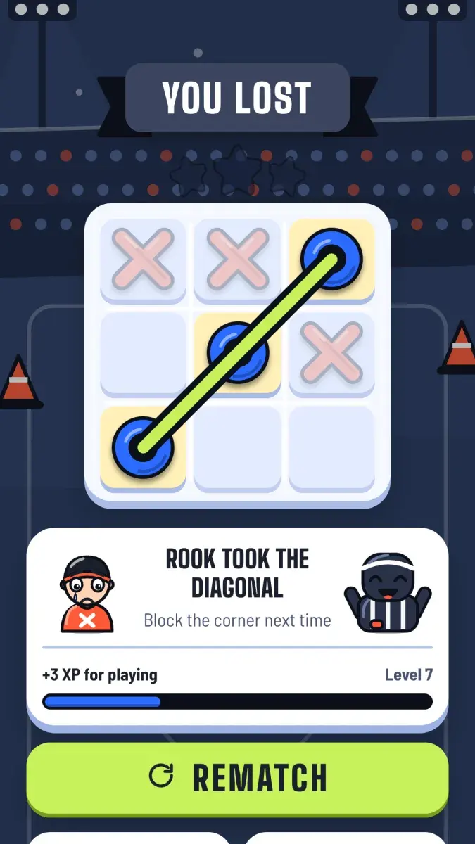 A loss result that says Rook took the diagonal and suggests blocking the corner next time