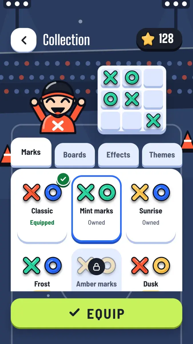 Collection of mark sets with a live board preview, owned, equipped and locked items
