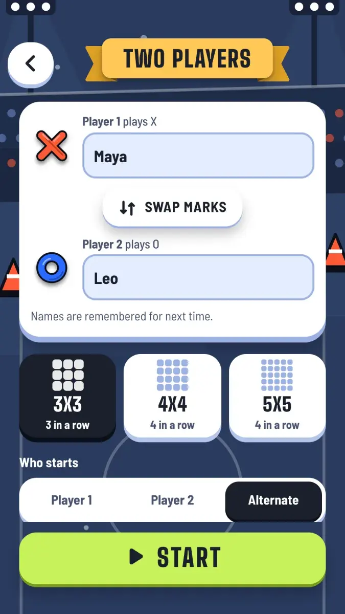 Two players setup with both names, Swap marks, board size and who starts