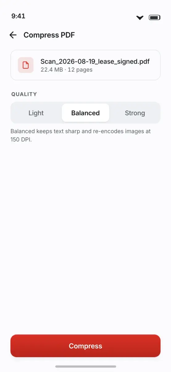 Compress PDF, with light, balanced and strong quality settings