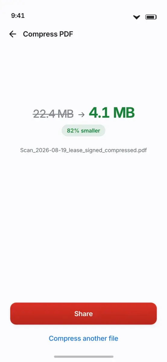 Compression result: a file reduced from 22.4 MB to 4.1 MB