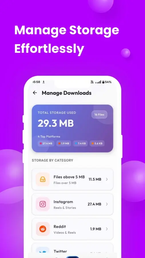 Play Store image: the Manage Downloads screen, showing total storage used and a breakdown by category and platform.